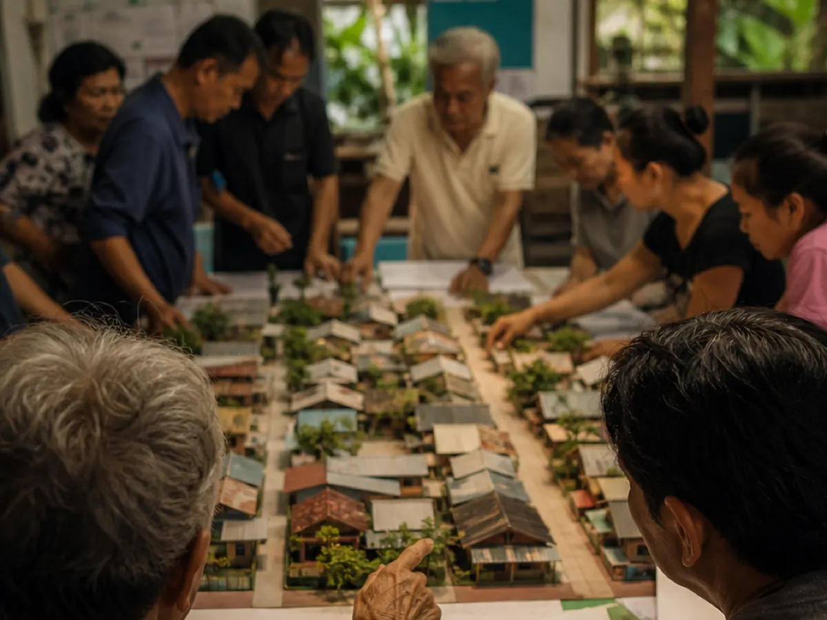 Residents gathered round a scale model of their community, working out the plan together