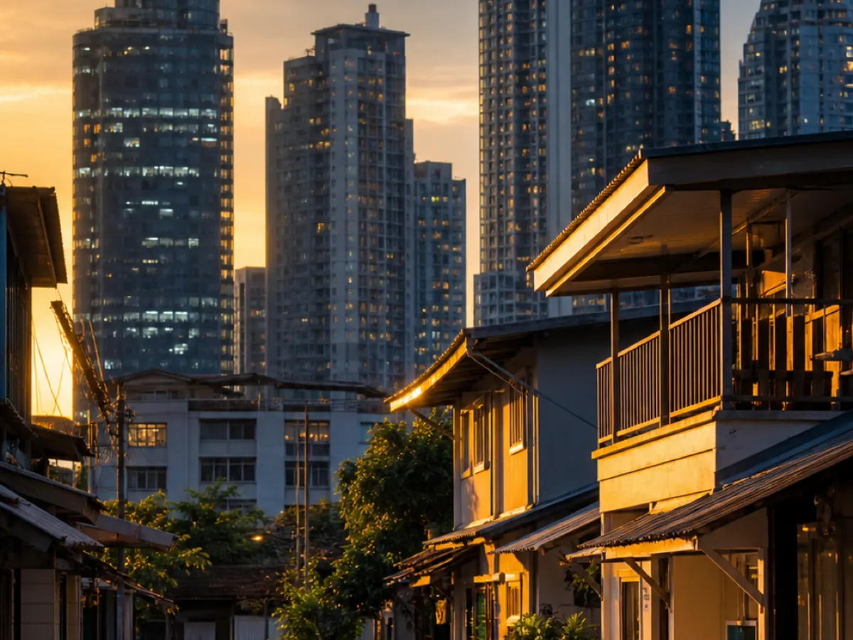 Low-rise houses in the evening light with high-rise towers behind them