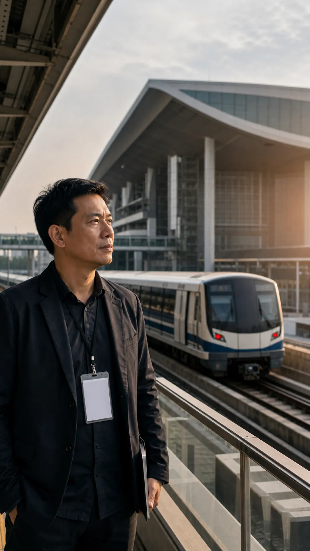 A man in a dark jacket beside an elevated rail line and a large glass-fronted hall