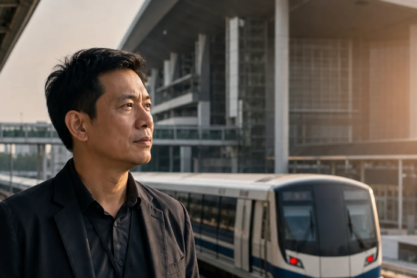 A man in a dark jacket beside an elevated rail line and a large glass-fronted hall