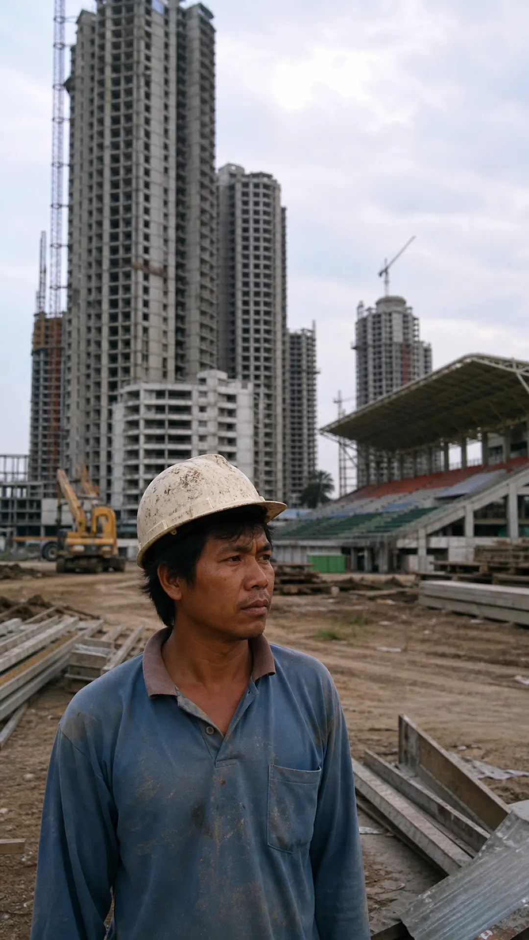 A construction worker in a hard hat in front of unfinished towers and an old stadium