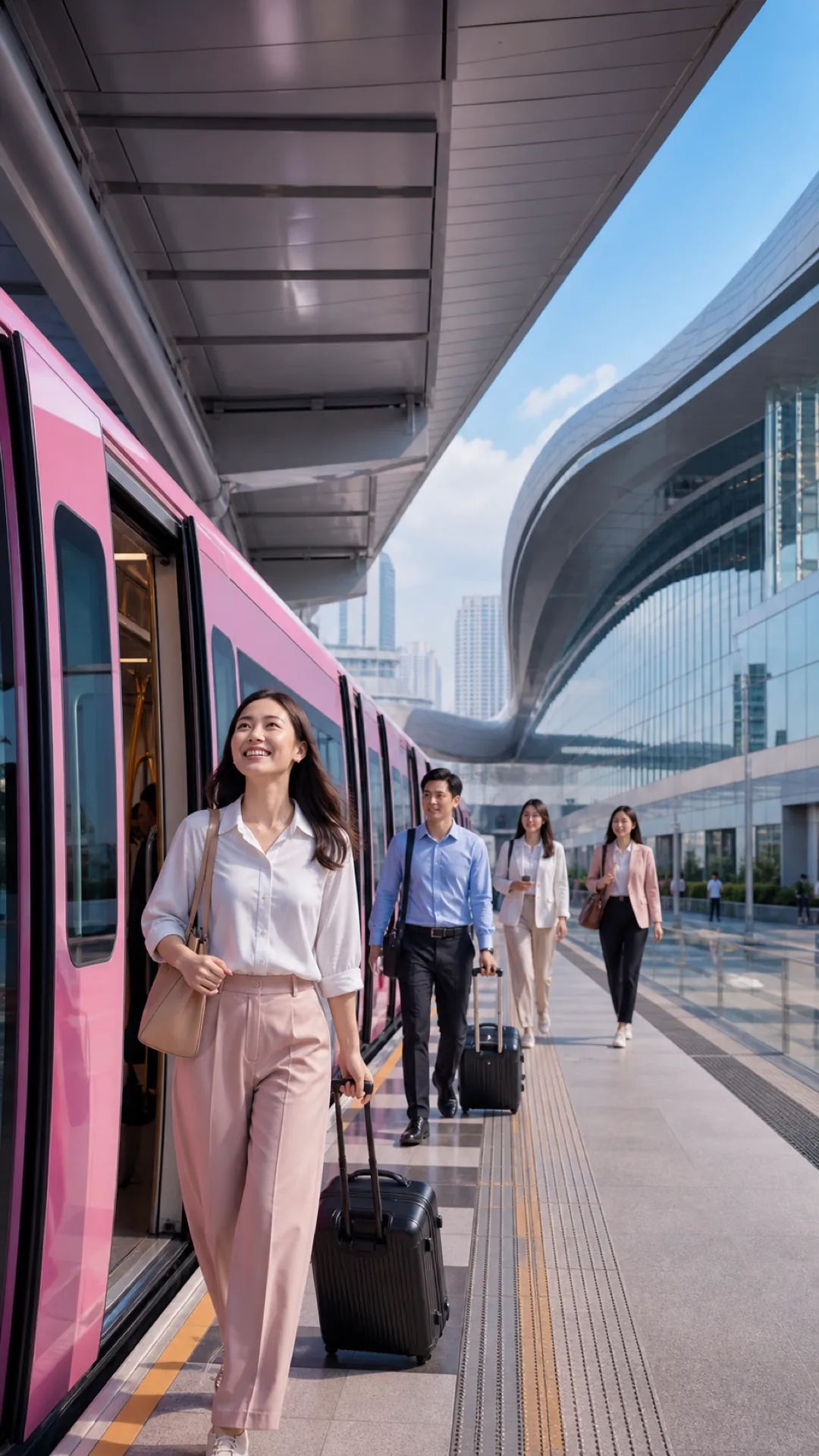 Visitors stepping off a pink monorail train at a station beside a curved glass exhibition hall