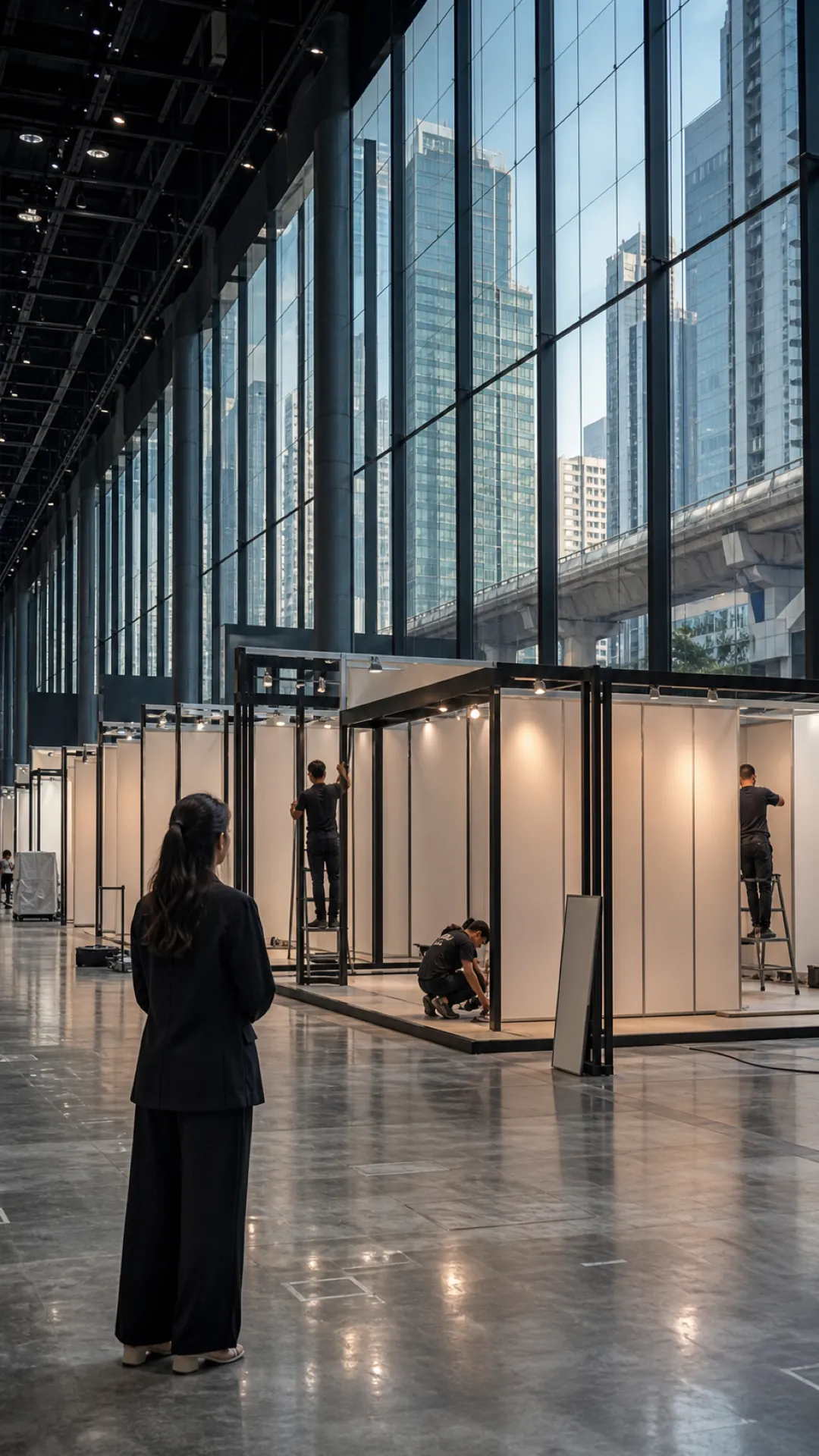 Exhibition stands being assembled inside a vast glass-walled hall