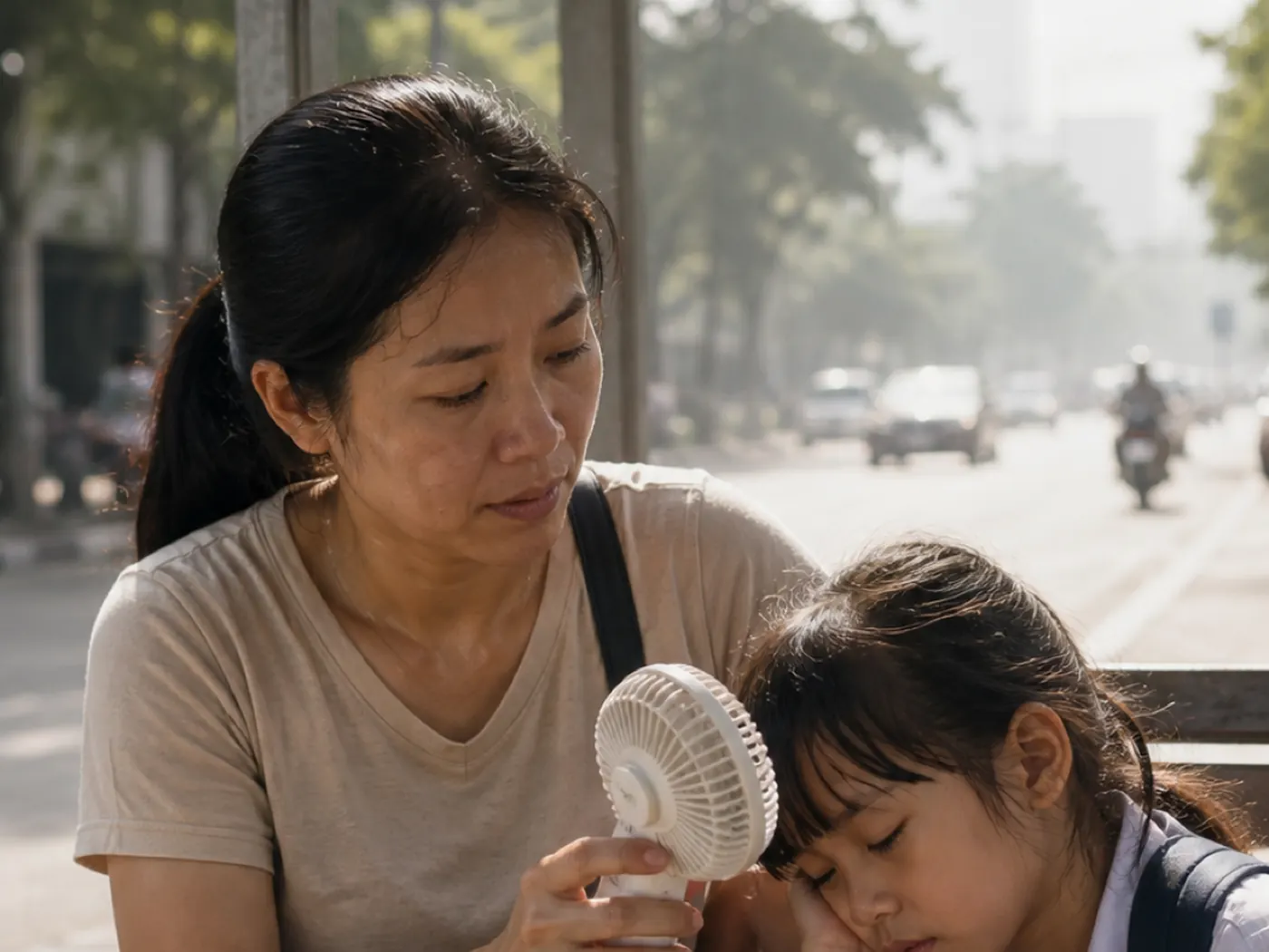 A mother holds a small fan for her daughter at a bus stop on a hot, hazy Bangkok afternoon