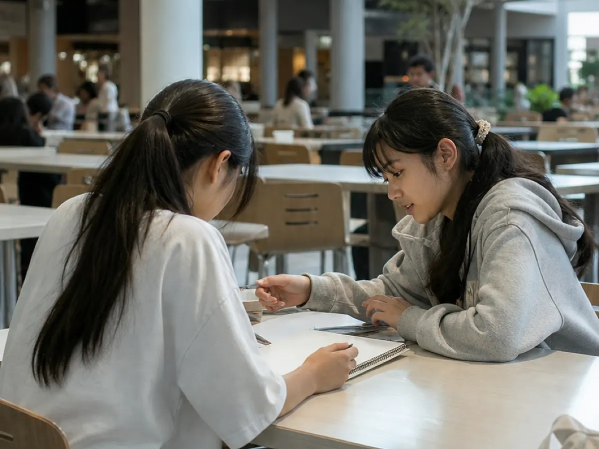 Two students doing homework at a table in a shopping-mall food court