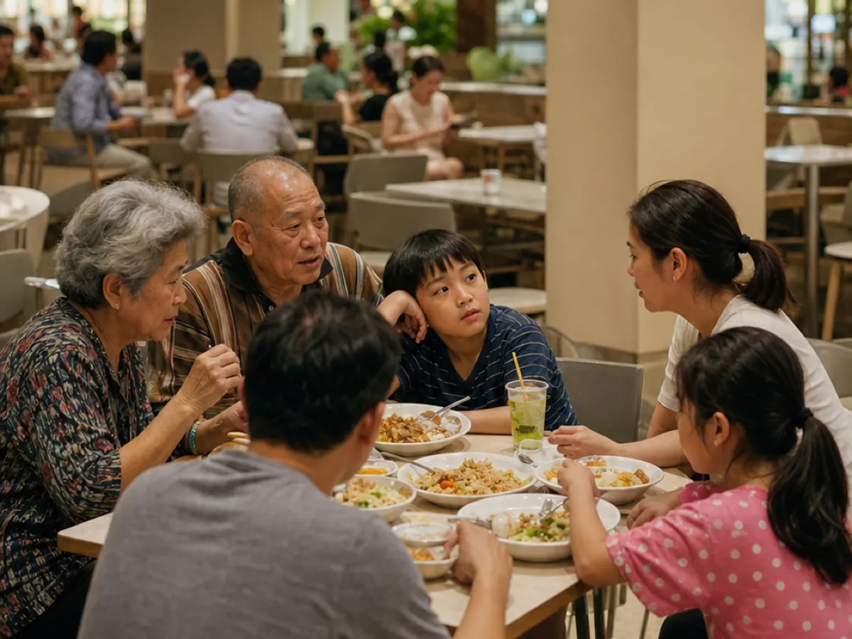 Three generations of a family sharing a table in an air-conditioned food court