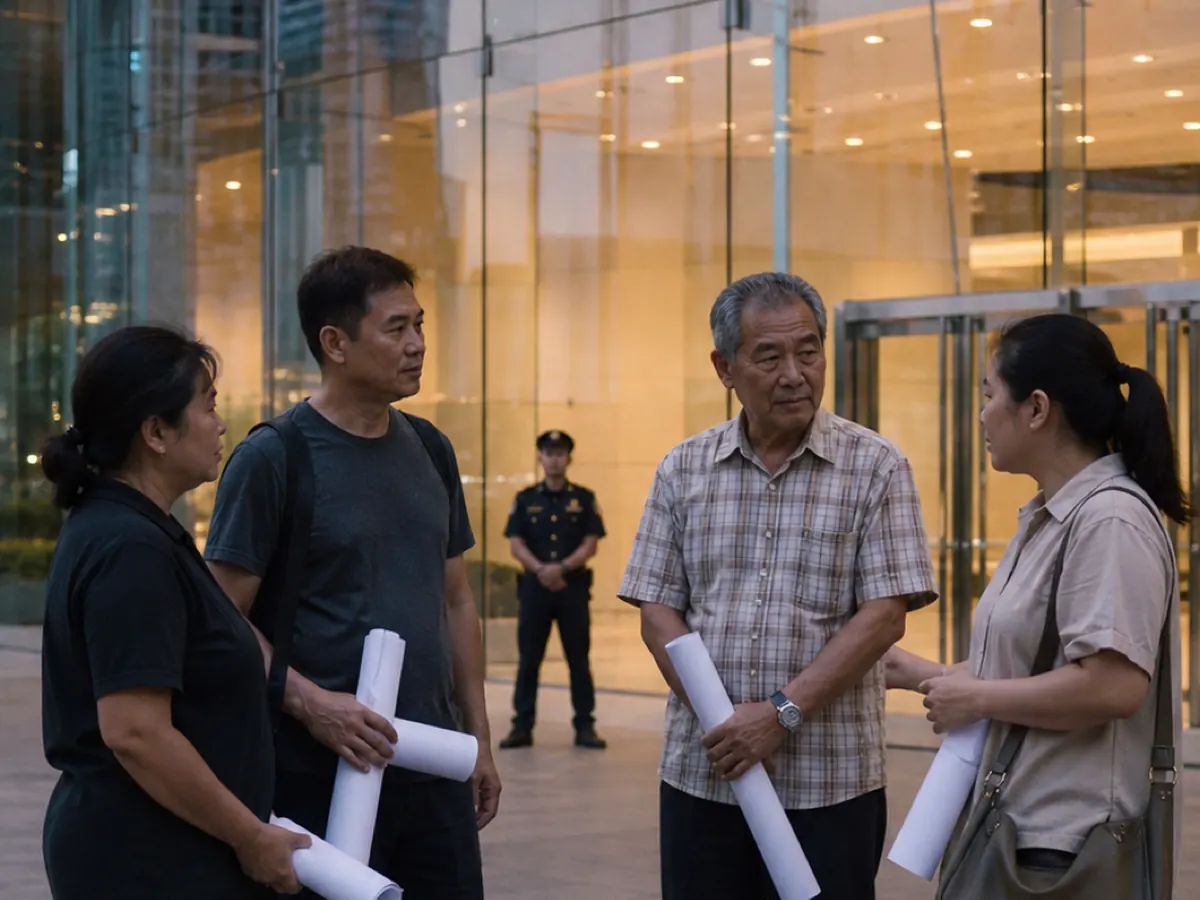 People holding rolled papers outside a glass mall entrance while a security guard looks on