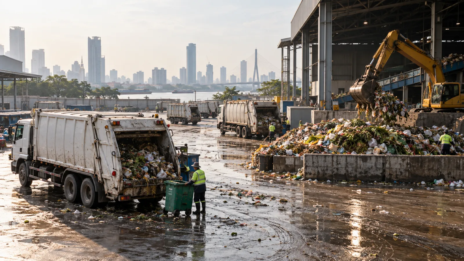 Compactor trucks unload at a rubbish transfer station, an excavator heaping waste under a steel shed and towers across the river