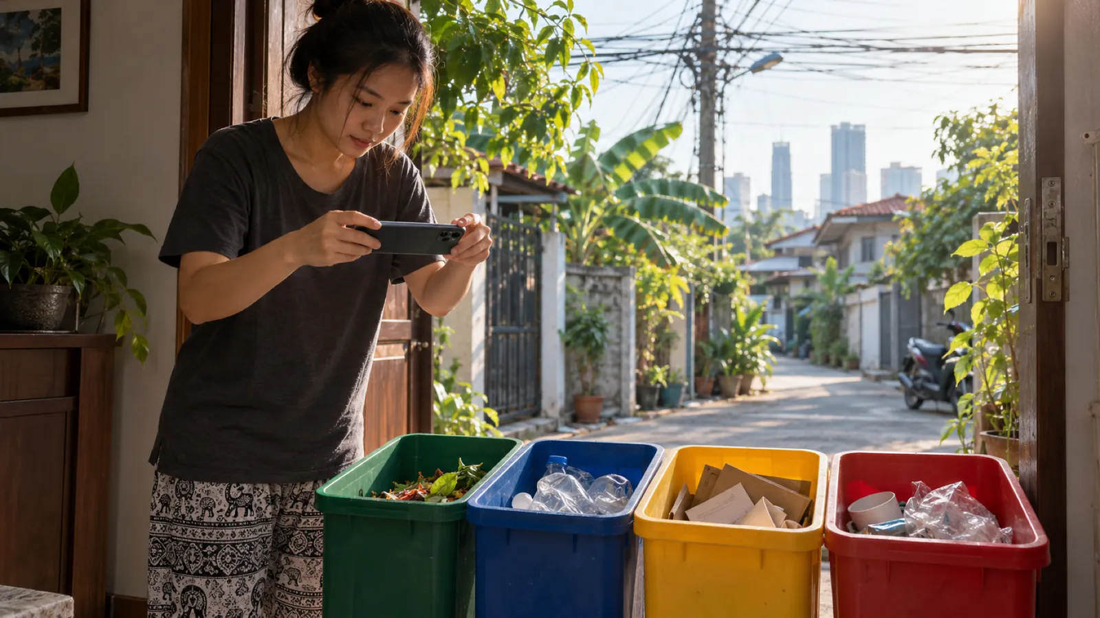 A woman photographs her rubbish, sorted into green, blue, yellow and red tubs, at her front door on a residential lane