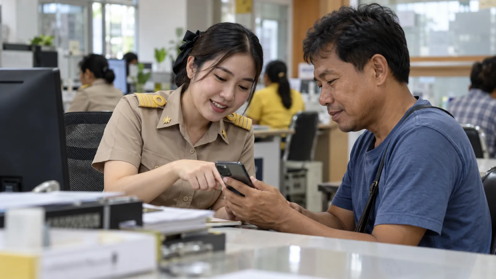 A civil servant in khaki uniform talks a resident through an app on his phone at a district office desk