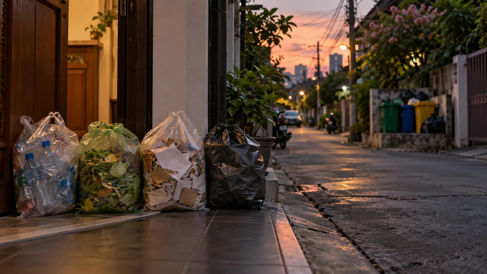 Bags of sorted rubbish on a front step at dusk, bottles, food scraps and paper each bagged separately, with a row of bins further down the soi
