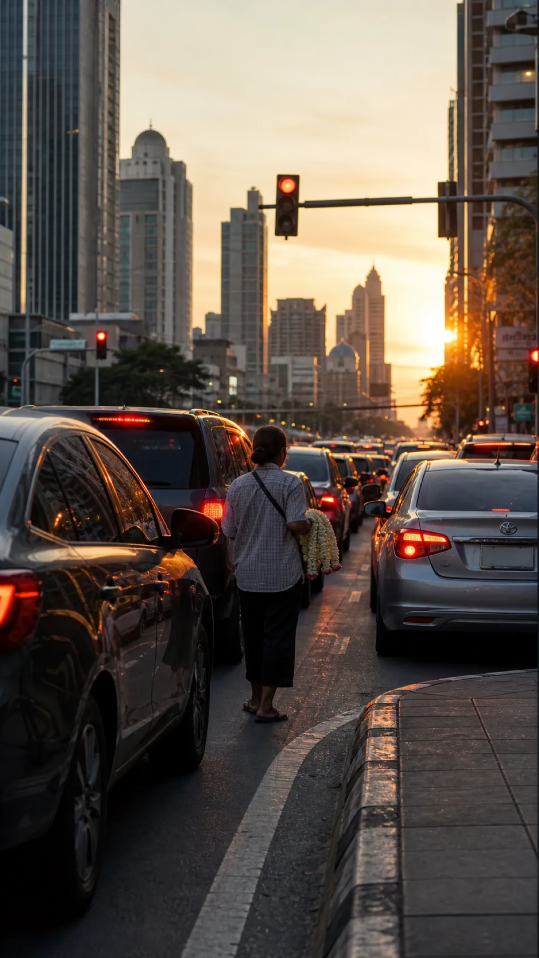 A vendor carrying jasmine garlands walks between cars stopped at a red light at sunset