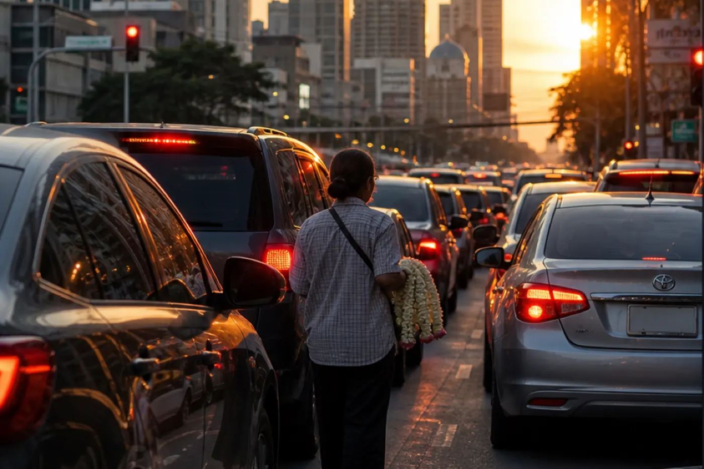 A vendor carrying jasmine garlands walks between cars stopped at a red light at sunset