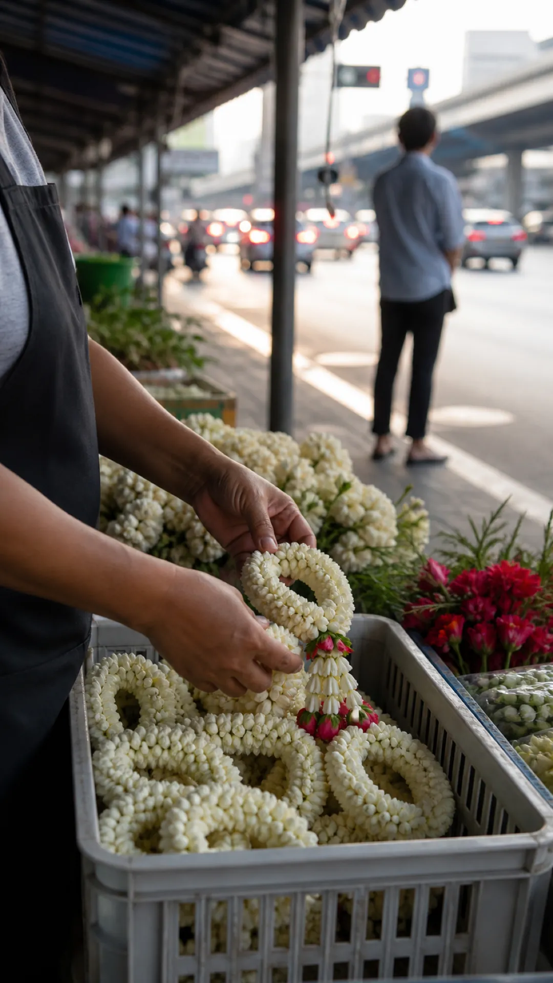Hands threading jasmine garlands at a pavement stall beside a busy road