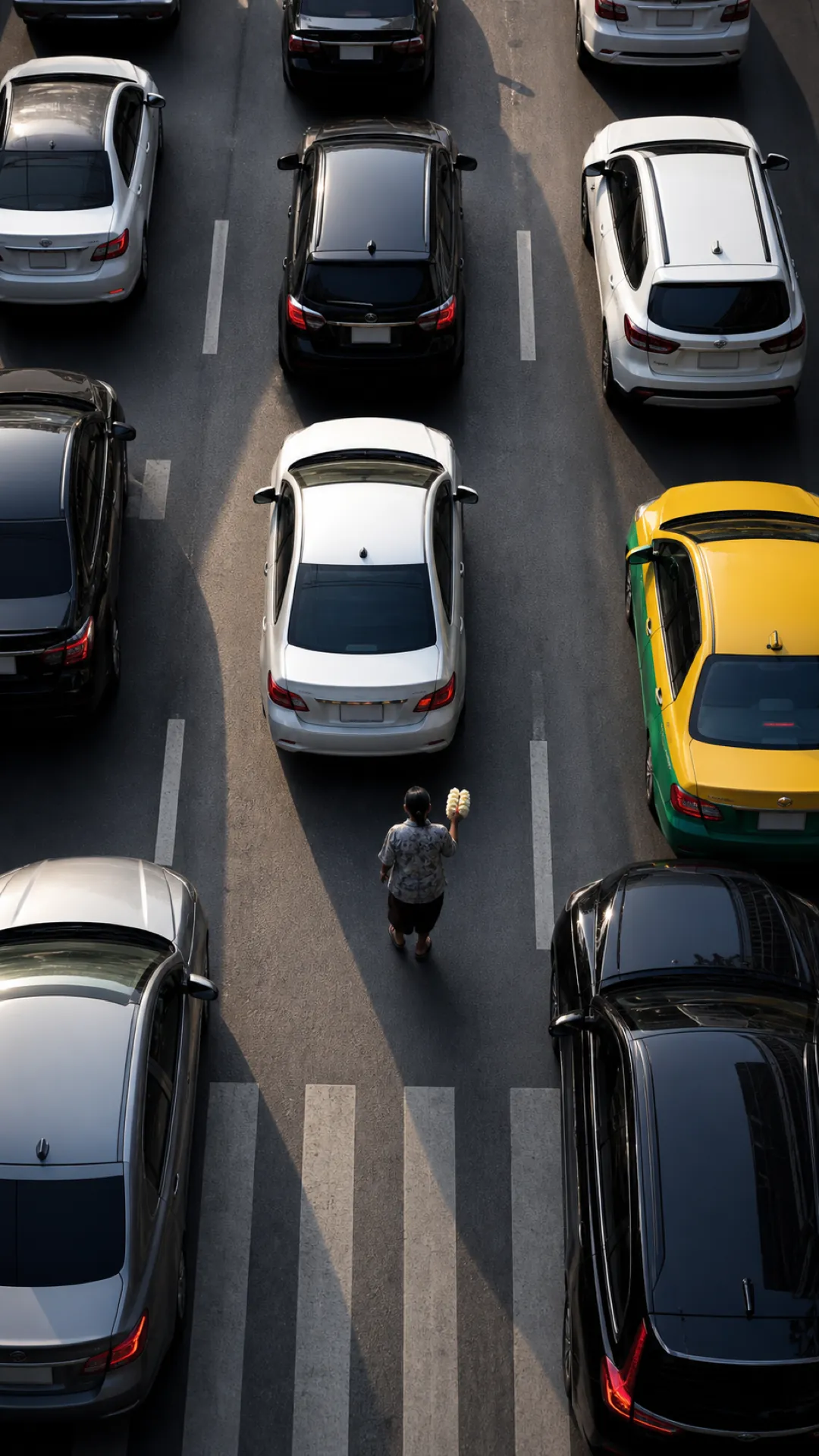 Seen from above, a vendor stands between lanes of stopped traffic at a junction