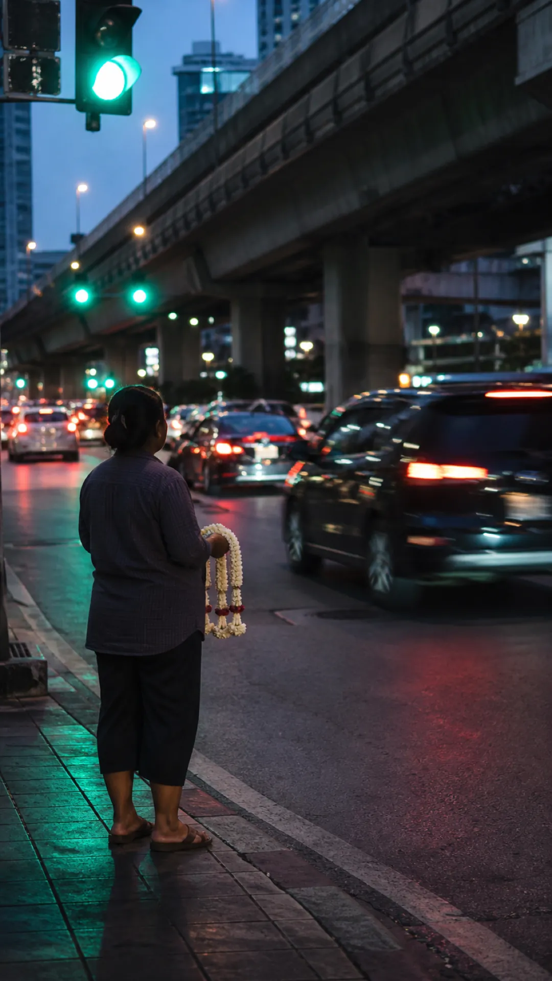 A vendor with unsold garlands watches the traffic move off as the light turns green
