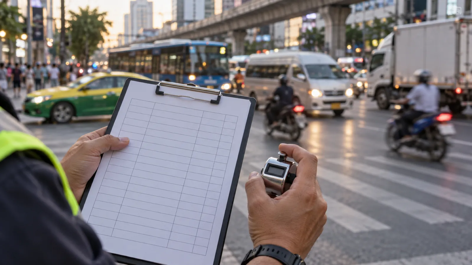 A traffic surveyor holds a stopwatch and a blank tally sheet at the edge of a busy junction