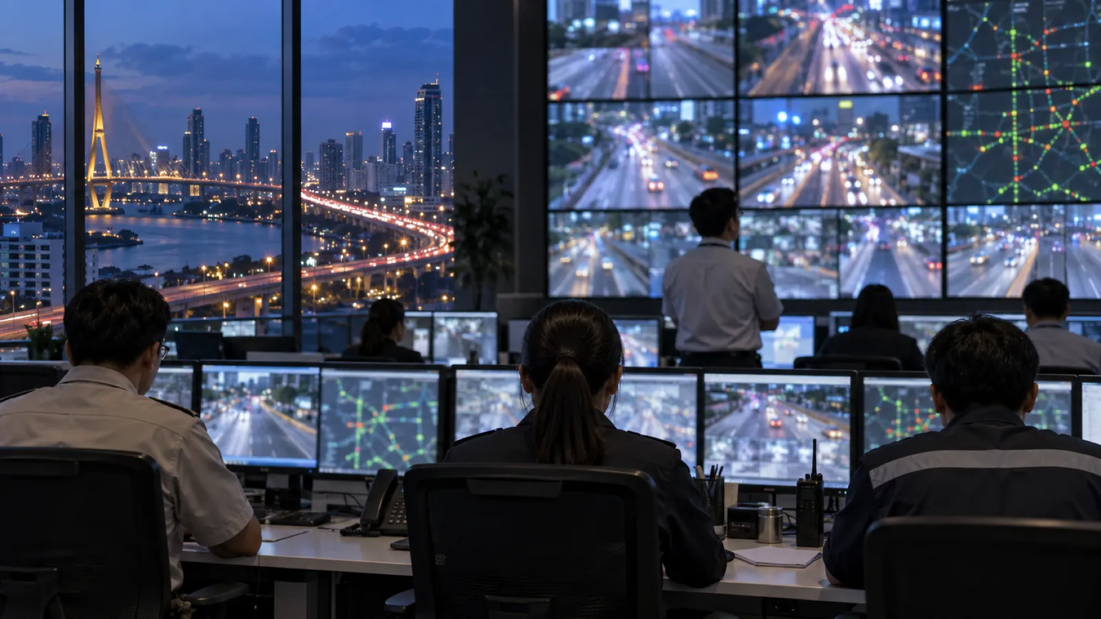 Operators watch walls of traffic-camera feeds and network maps in a control room overlooking the river at night