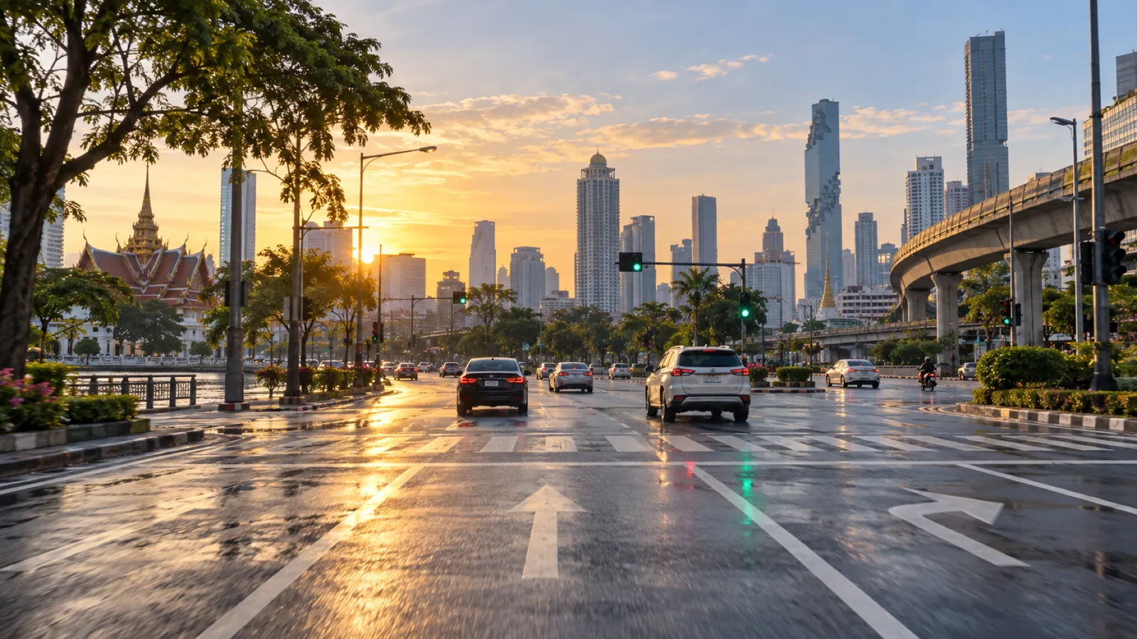 Light traffic on a wet junction at sunrise, arrows painted on the road, a temple roof and towers beyond