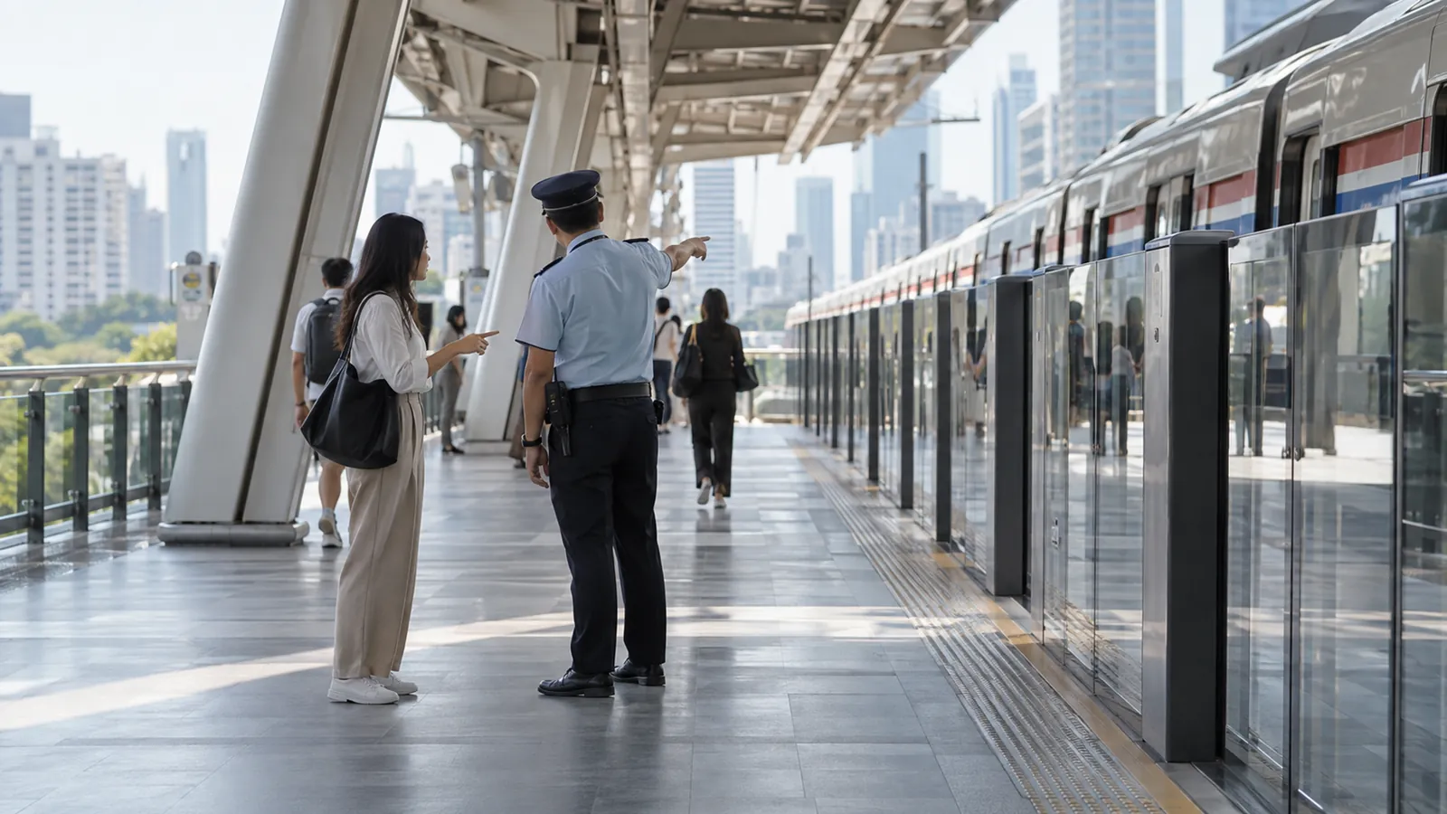 A passenger asks a uniformed station officer for directions on an elevated rail platform