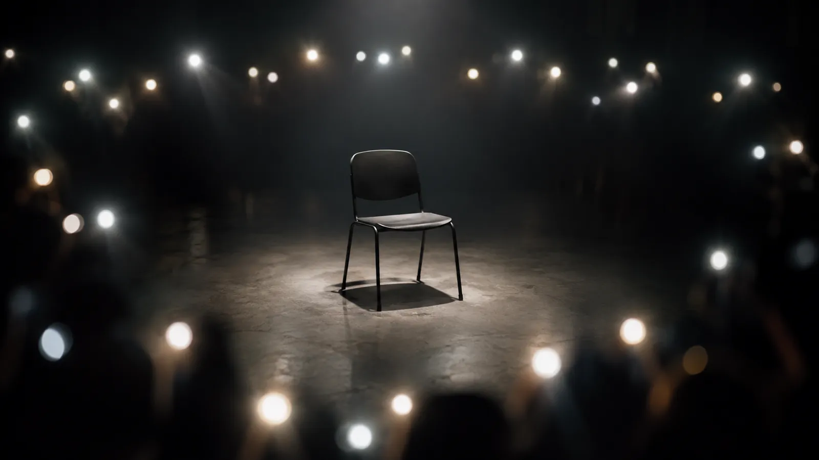 An empty chair under a single light, ringed by the glow of phone screens held up in the dark