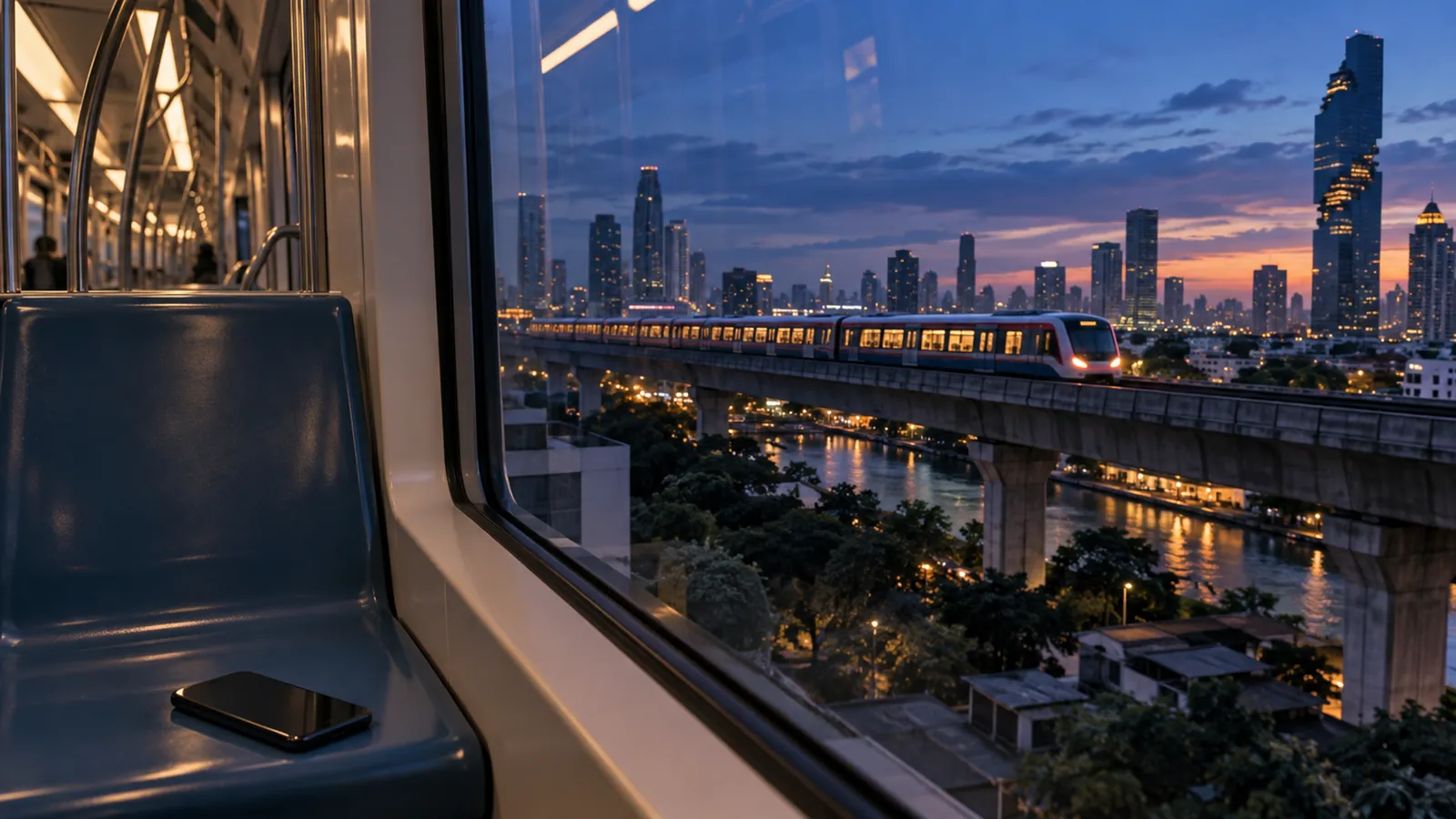 A phone left on an empty train seat as another train crosses a river at dusk