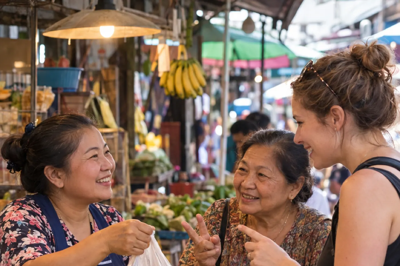 A market vendor and a customer laughing over a bag of mangoes
