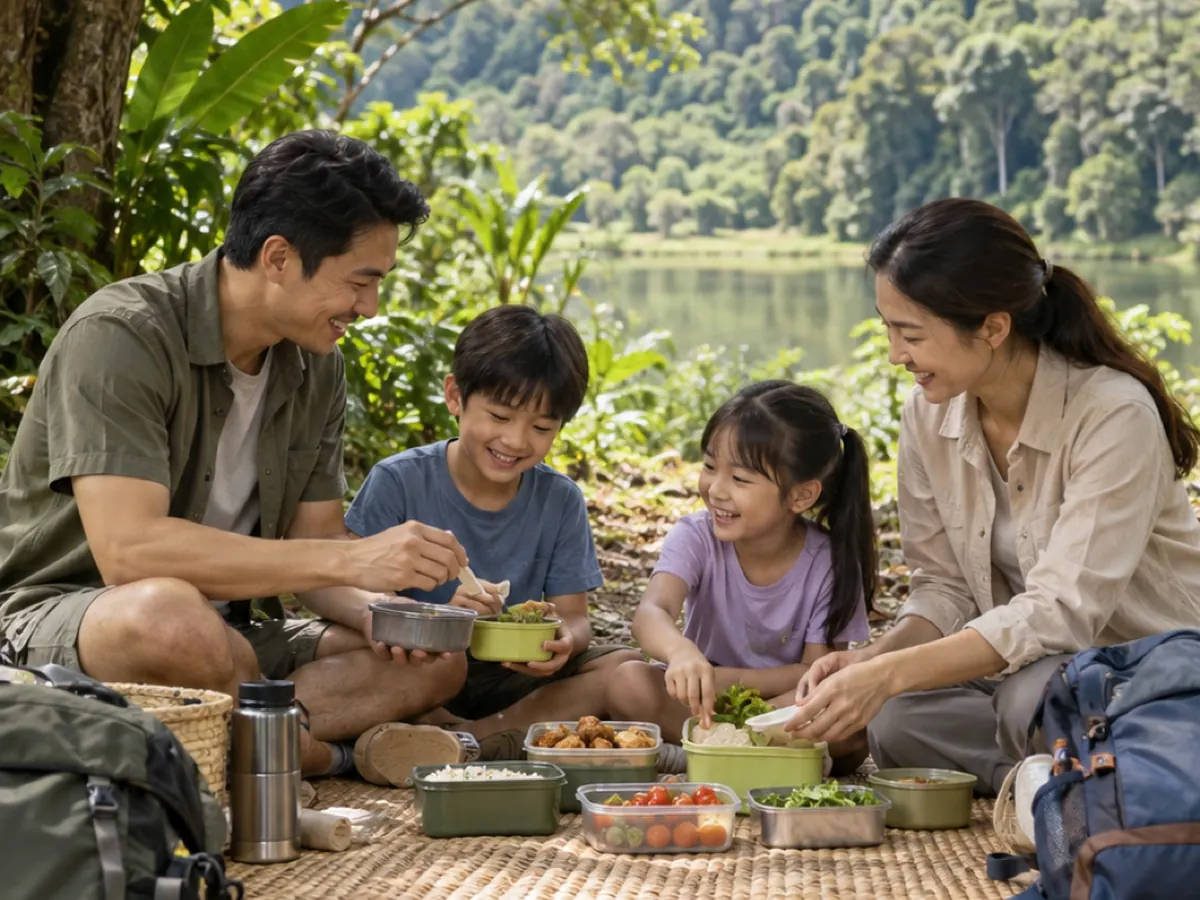 A Thai family eating together beside a lake in a national park