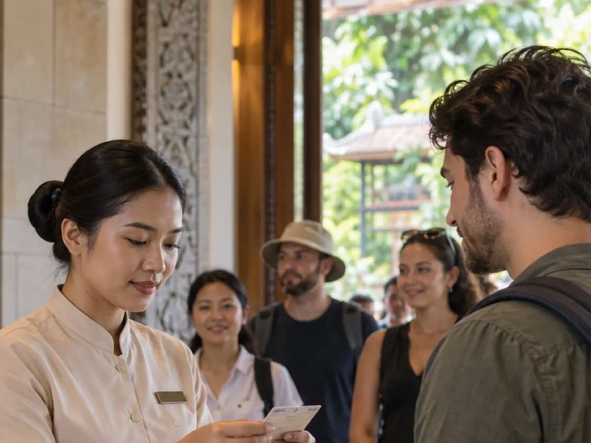 A receptionist checks a document while a queue of visitors waits