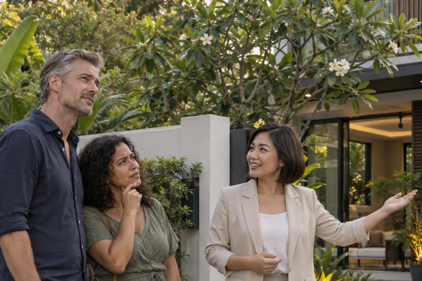 An agent shows a couple round the garden of a villa