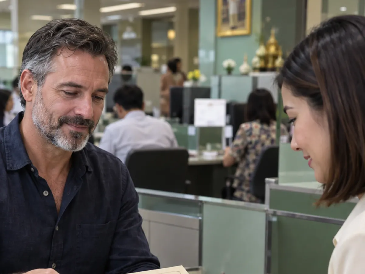 A bank officer and a customer across a desk in a branch