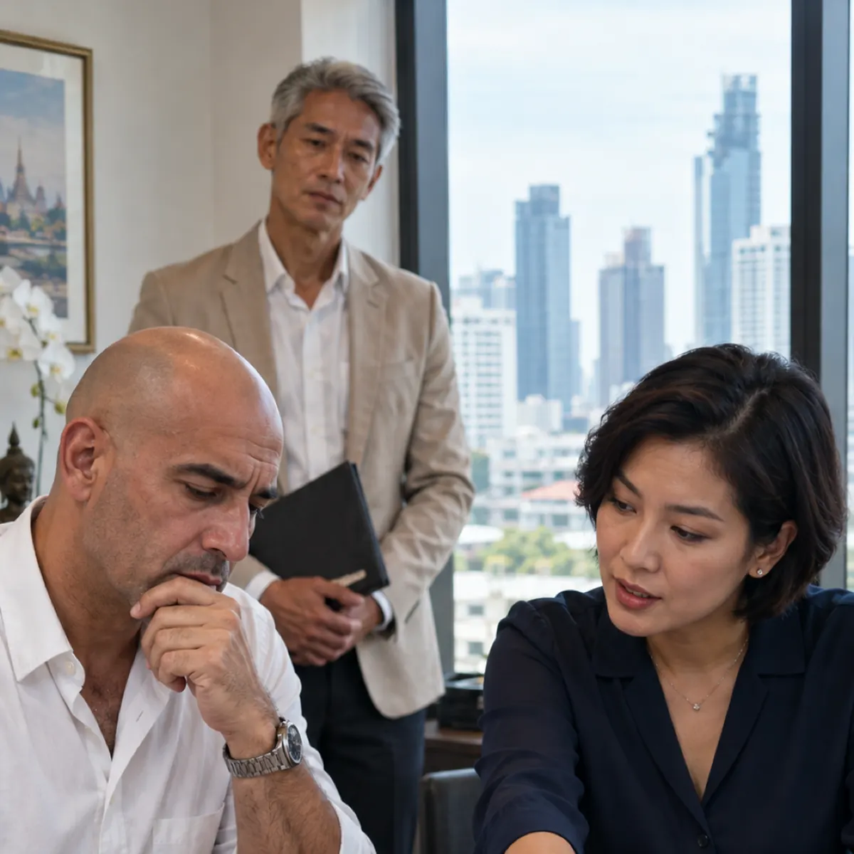 A man considers papers on a desk while an adviser points at a clause