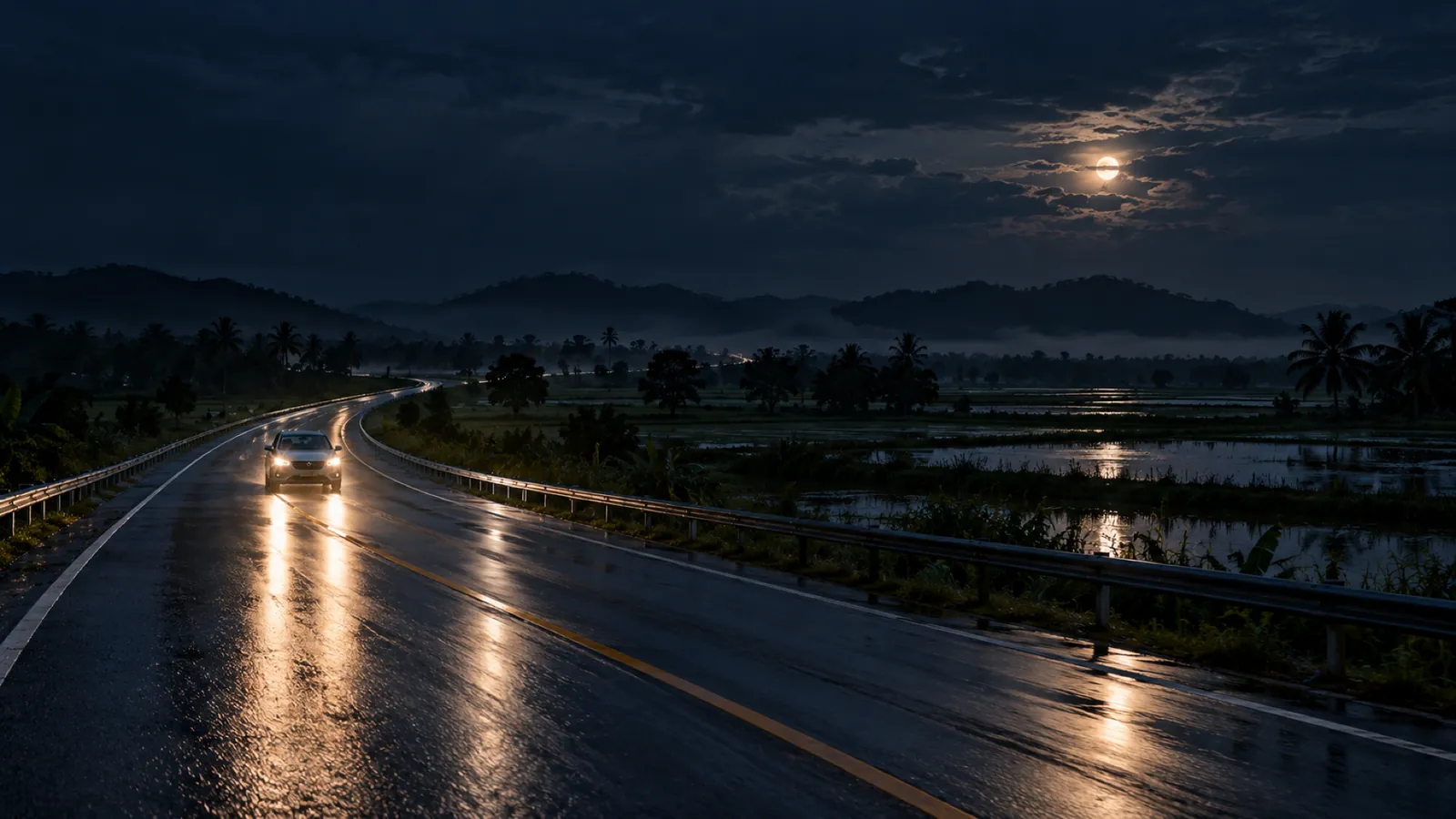 One car's headlights on a wet, empty country road at night, flooded fields and hills under a clouded moon