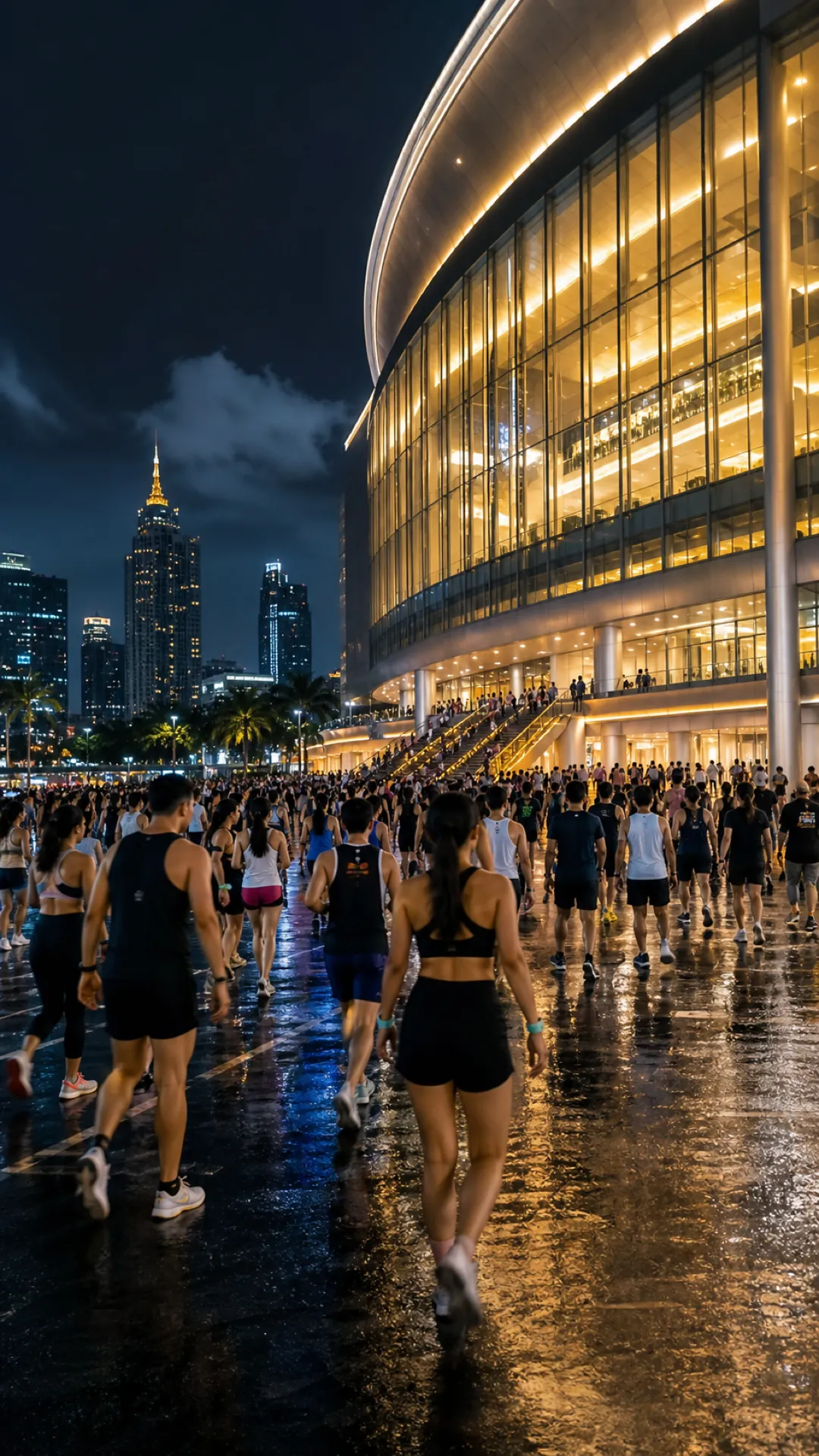 Crowds arriving at a glass-fronted convention centre at night with the Bangkok skyline behind