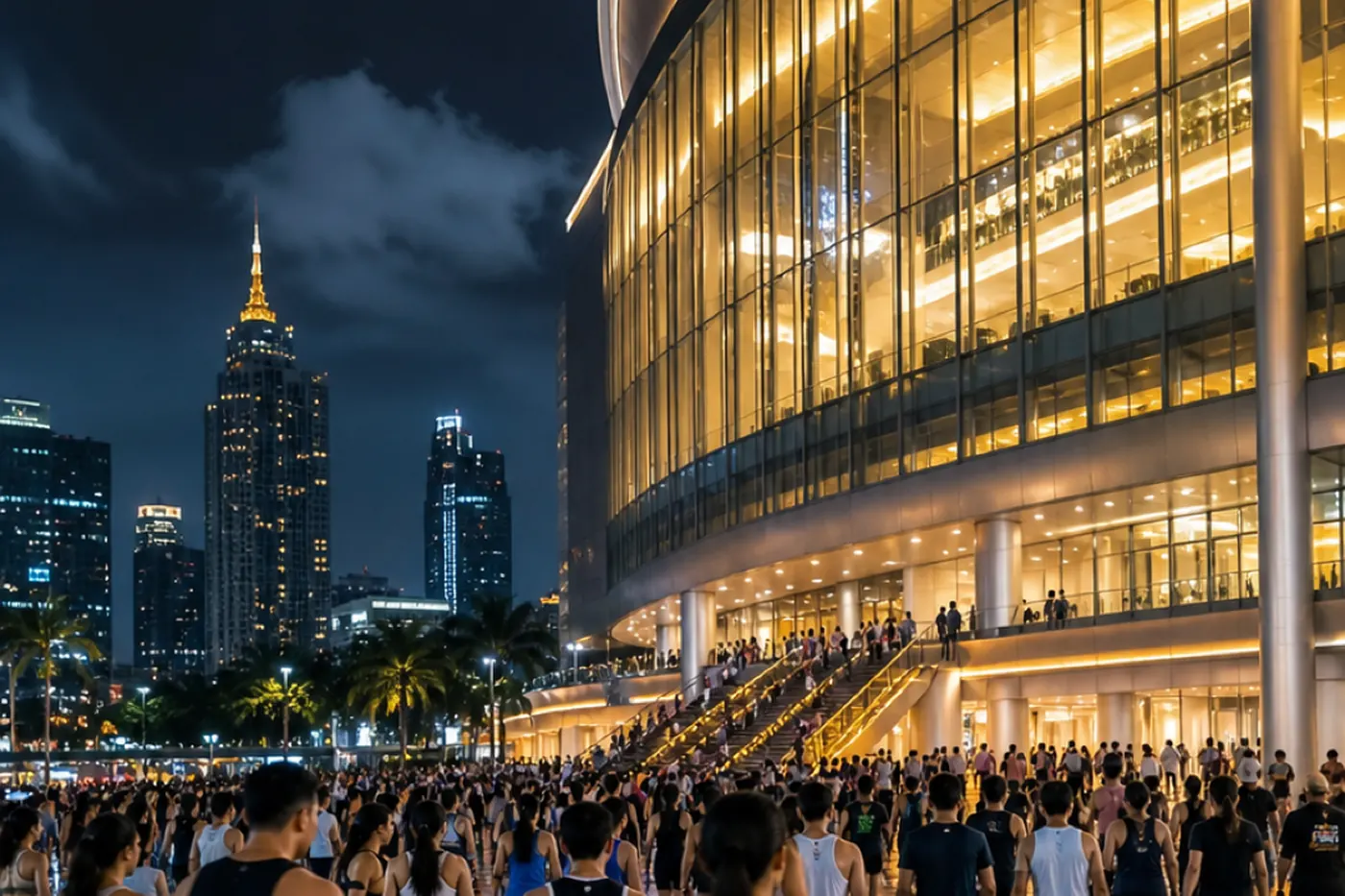 Crowds arriving at a glass-fronted convention centre at night with the Bangkok skyline behind