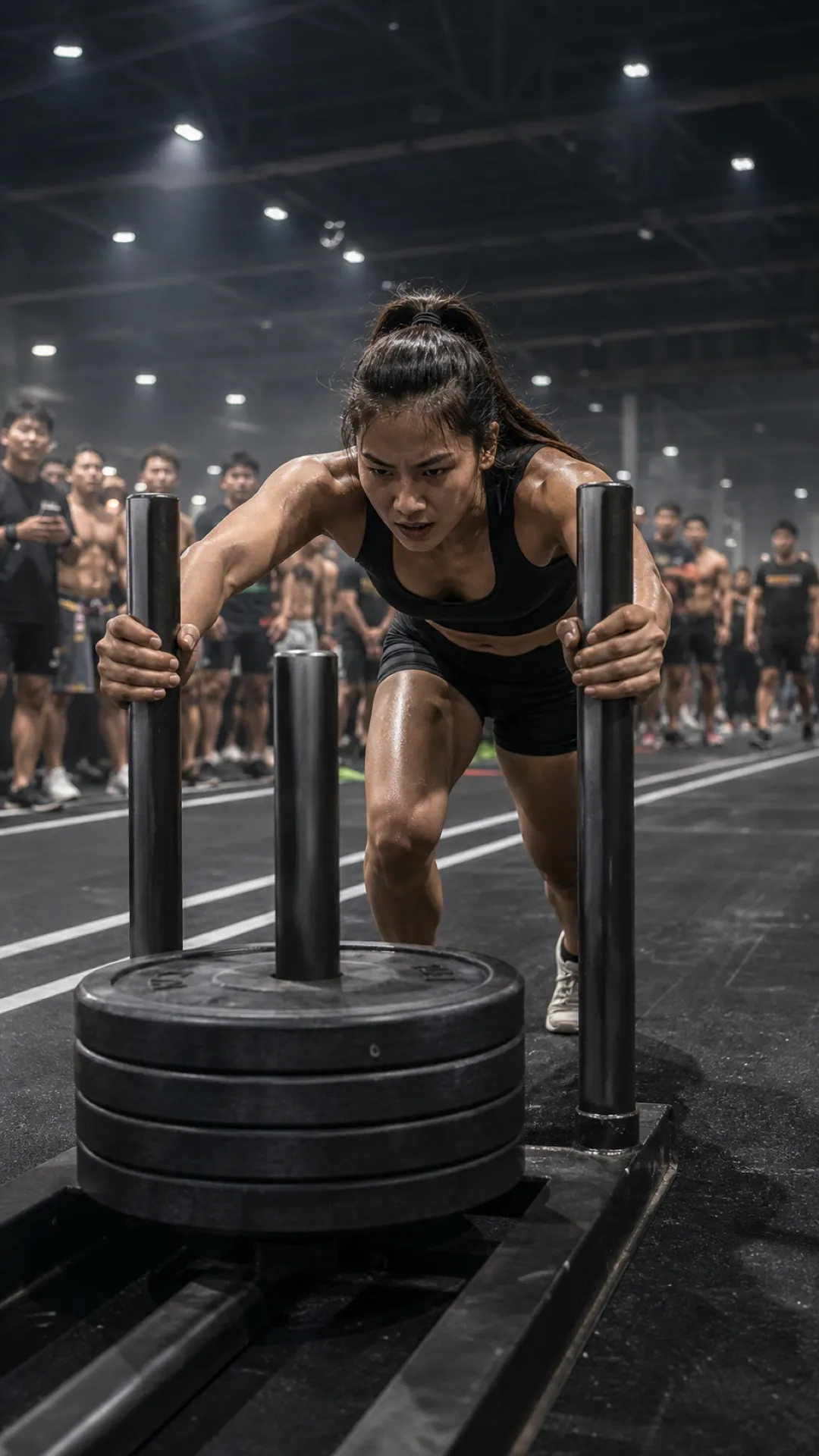 An athlete pushing a weighted sled across a race floor as spectators watch