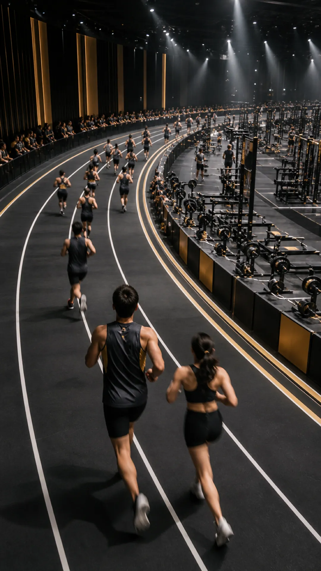 Runners on a curved indoor track lined with rowing machines and sleds