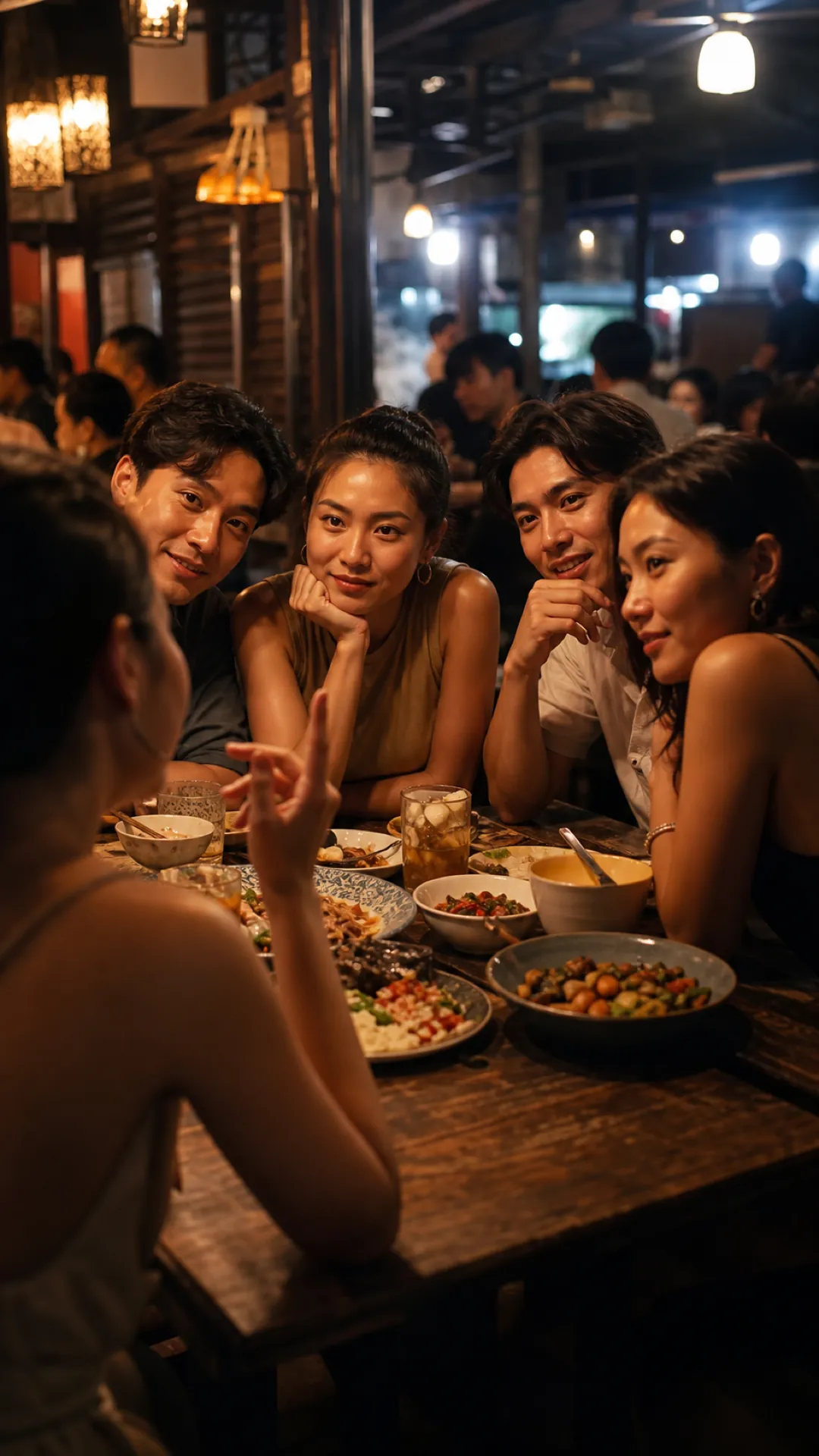 Friends leaning in and laughing over dinner