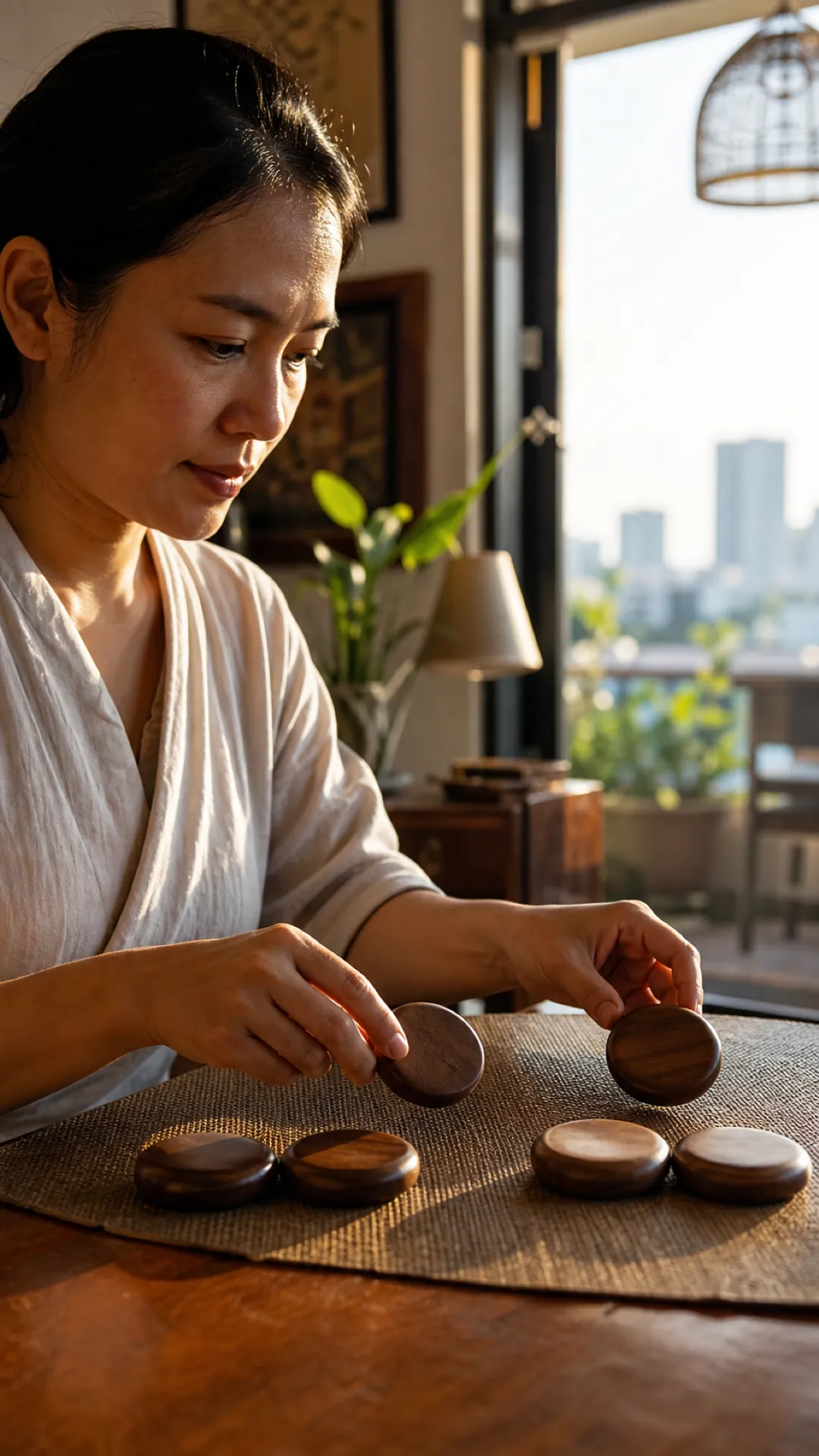 A woman in a white blouse pauses at a desk by a window over the city