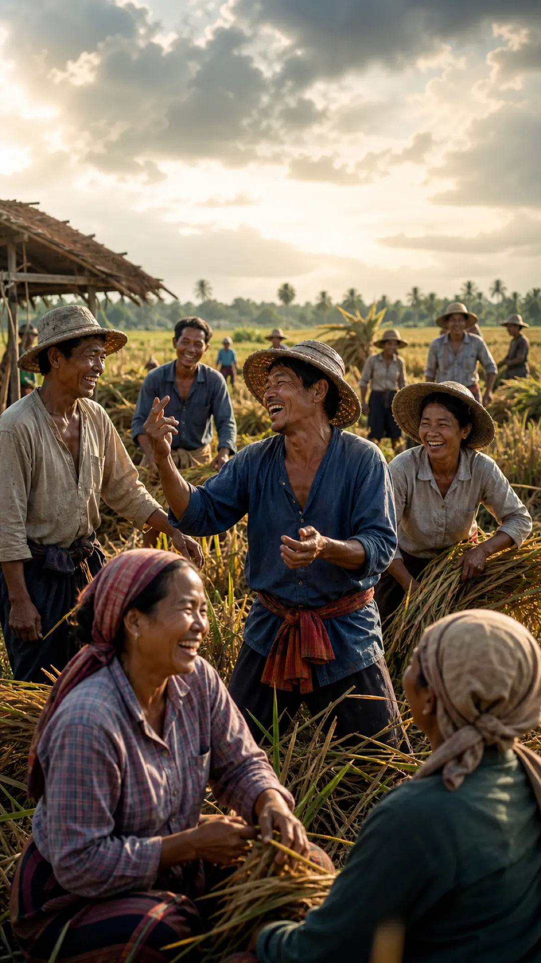 Farmers in straw hats laughing together in a rice field at harvest