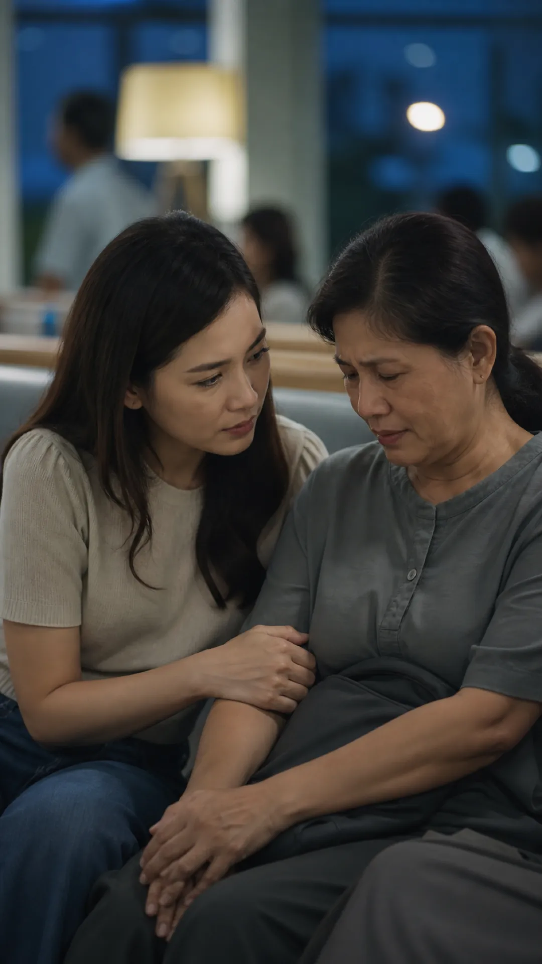 A younger woman leans in to speak quietly with an older woman