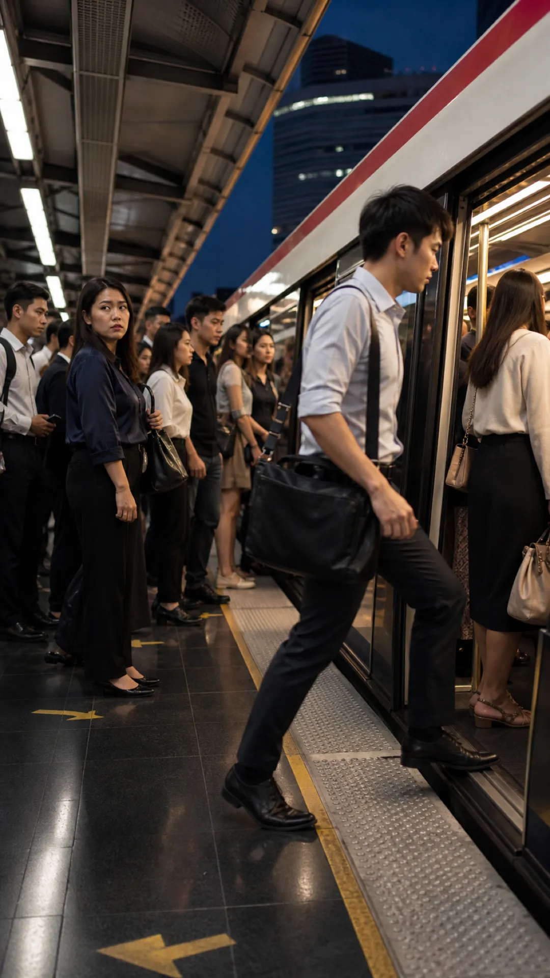 A man cuts past a queue to board a train at a Bangkok platform