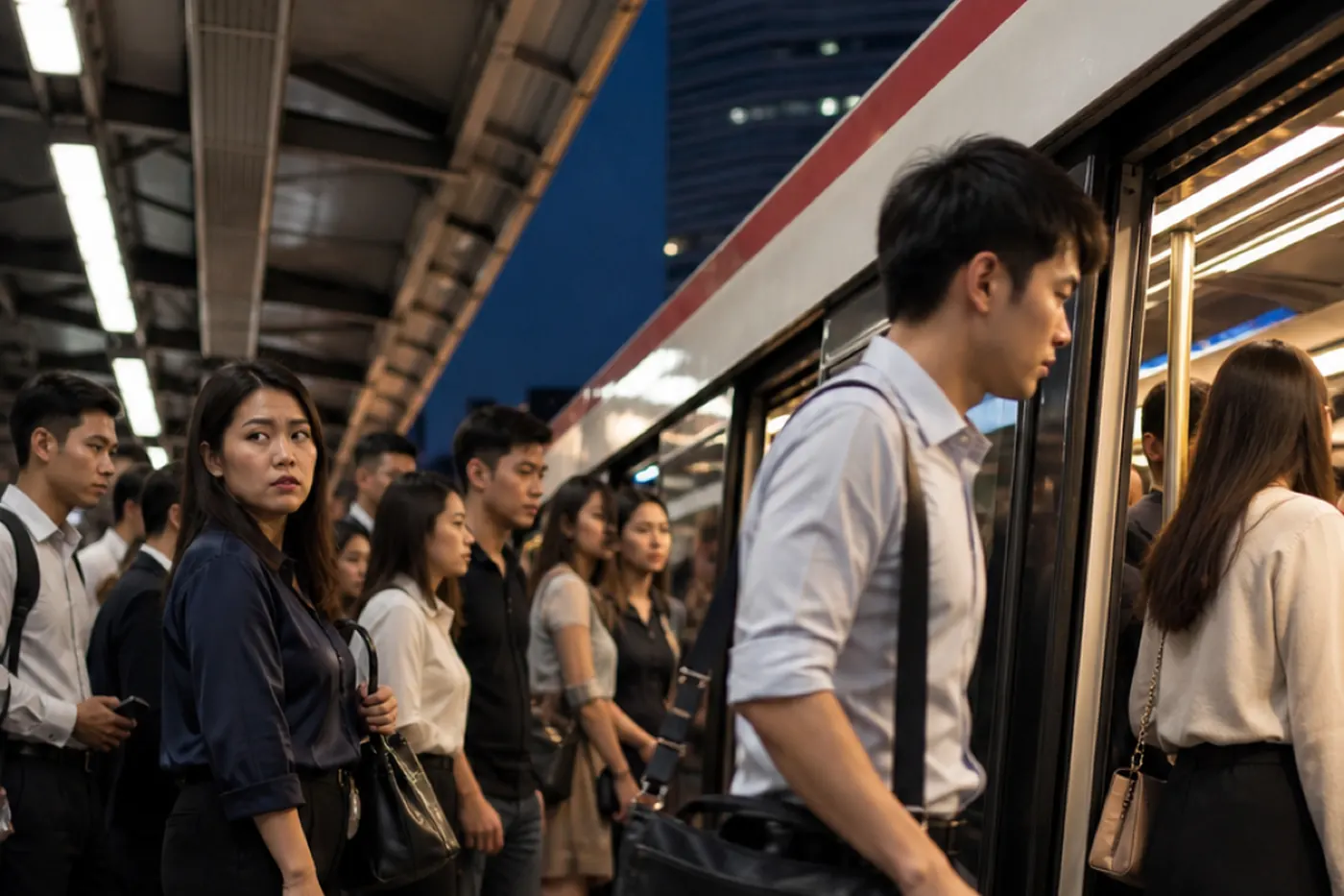 A man cuts past a queue to board a train at a Bangkok platform