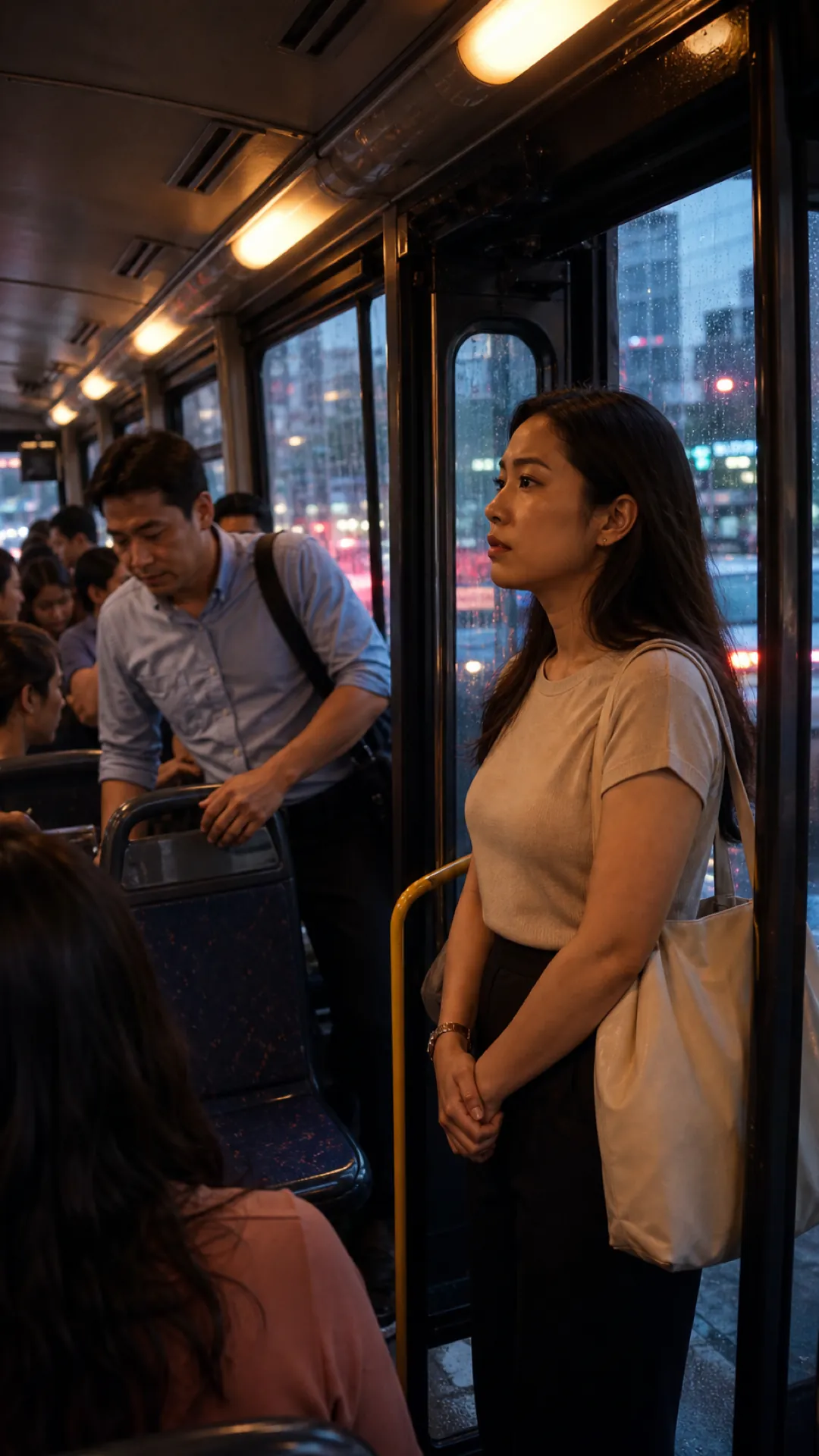 A woman waits on a crowded bus while a man pushes past her to a seat