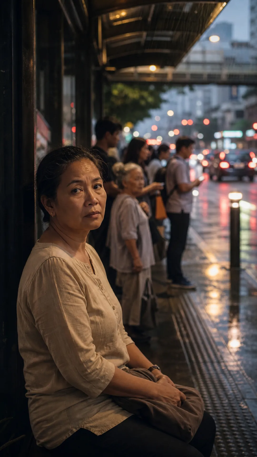 An older woman looks back at the camera on a rainy Bangkok pavement