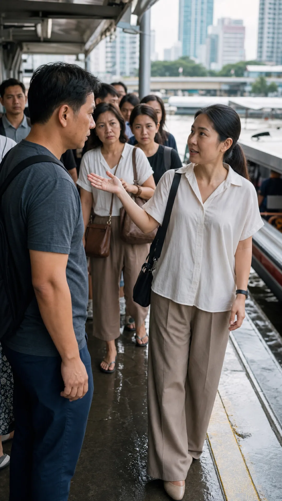 A woman gestures while speaking to a man on a crowded platform