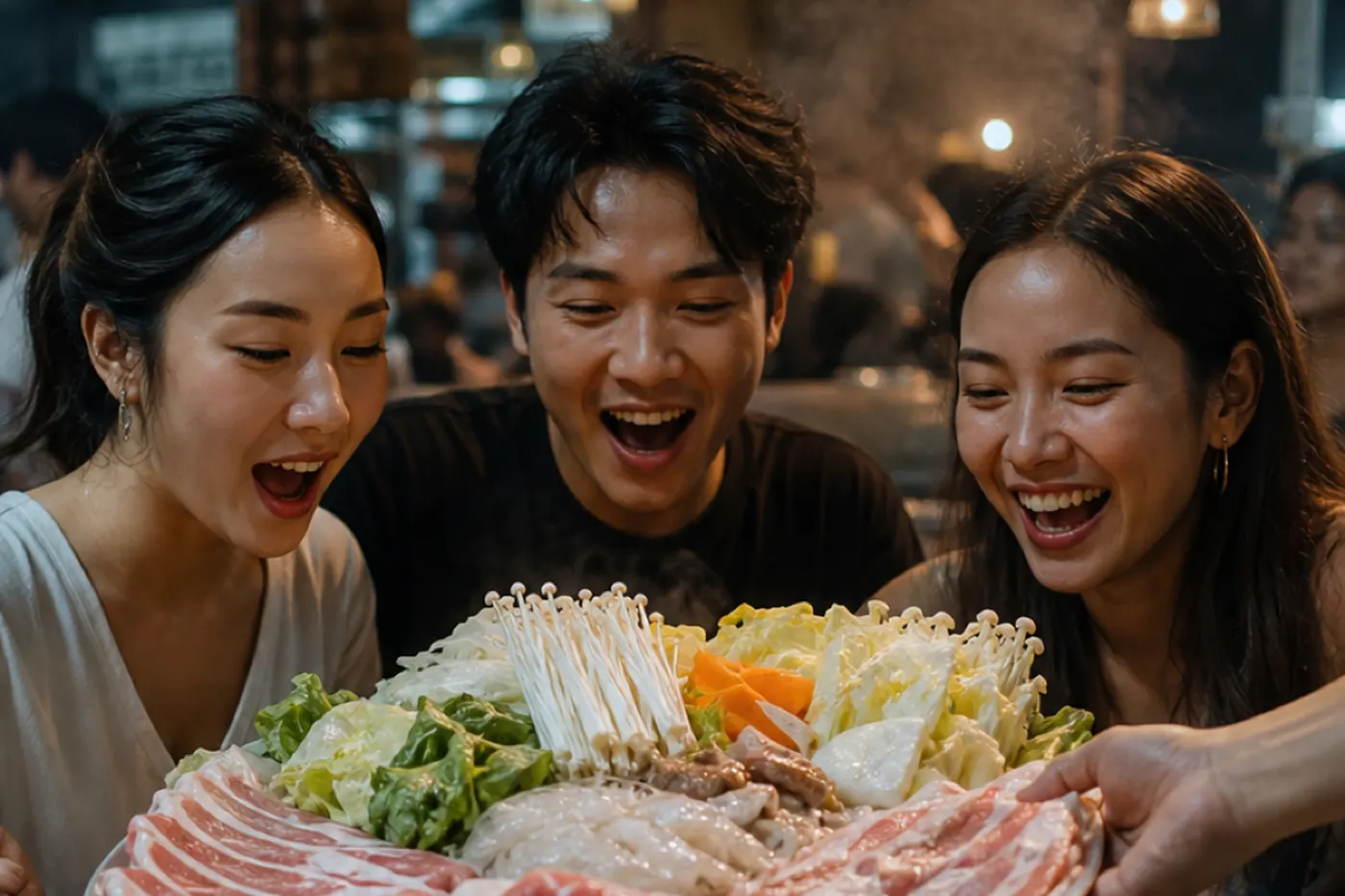 Friends react to a platter piled with sliced pork and vegetables arriving at the table