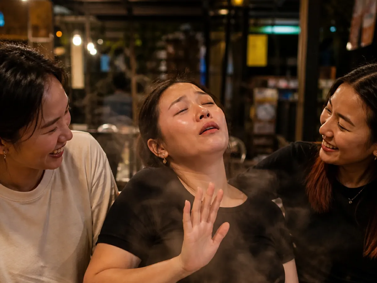 A diner leans back, too full to continue, while her friends laugh