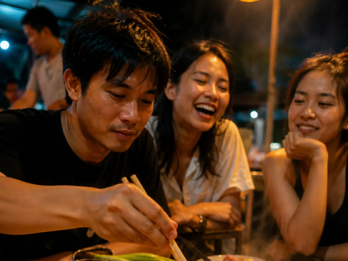 A man turns slices of pork on a domed grill while friends talk around the table