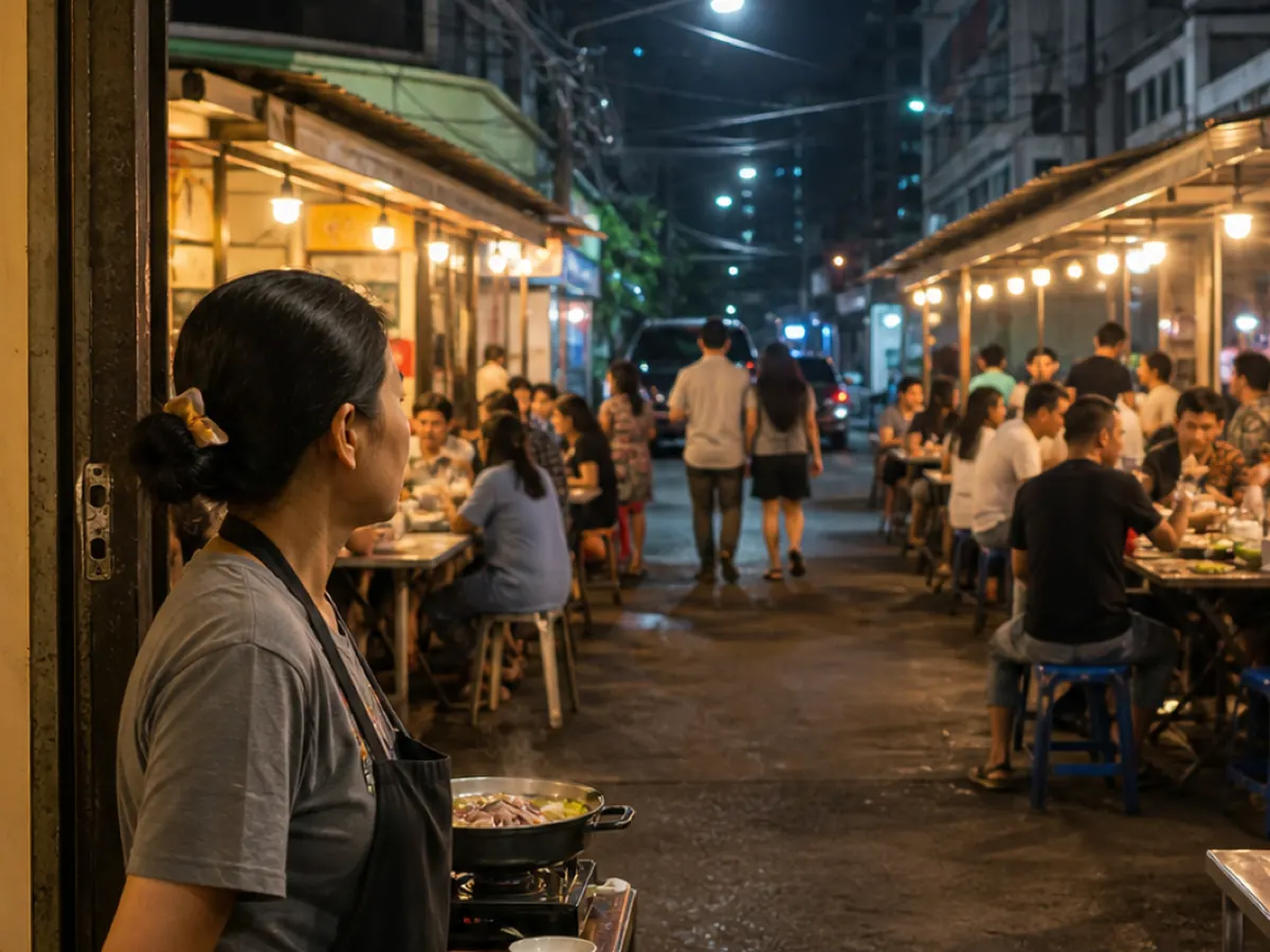 Rival open-air restaurants facing each other across a street at night
